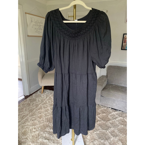 NWTs Old Navy Dark Gray Midi Dress Smocked Puff Sleeve Tiered L Tall Cottagecore - Picture 6 of 8
